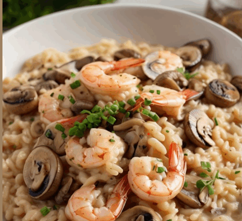 Arroz con langostinos y champiñones